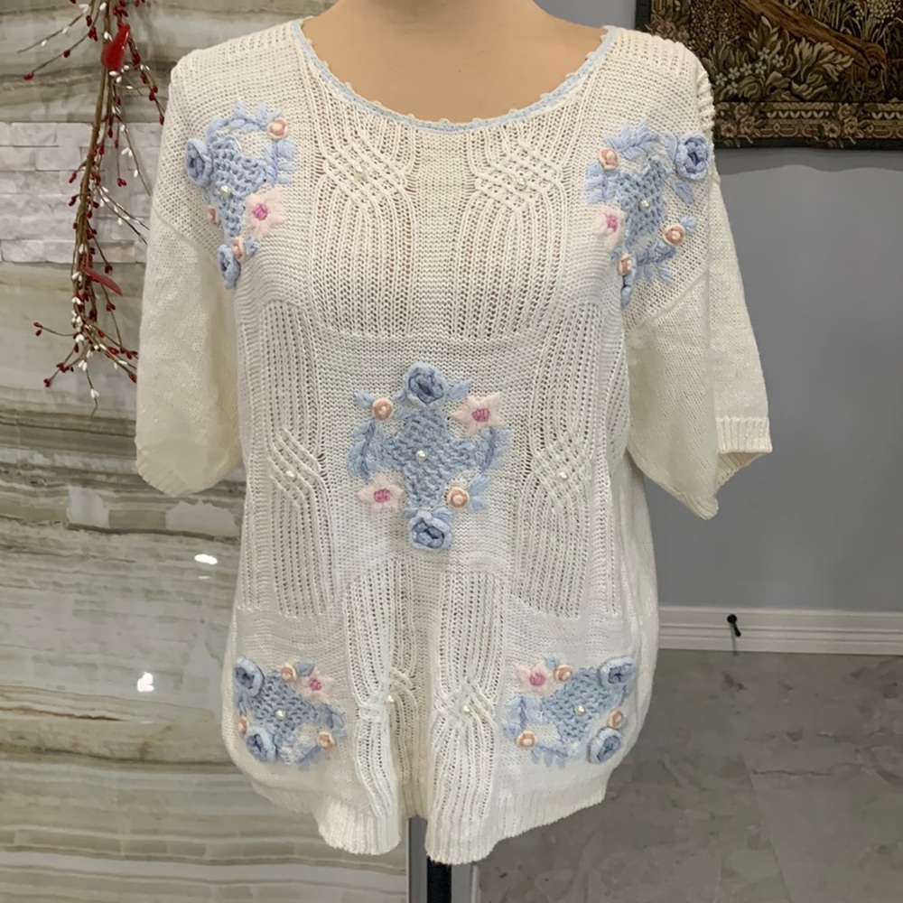 Shenanigans Vintage Hand Sewn Appliquéd Floral‎ Knit Sweater Size L (347)